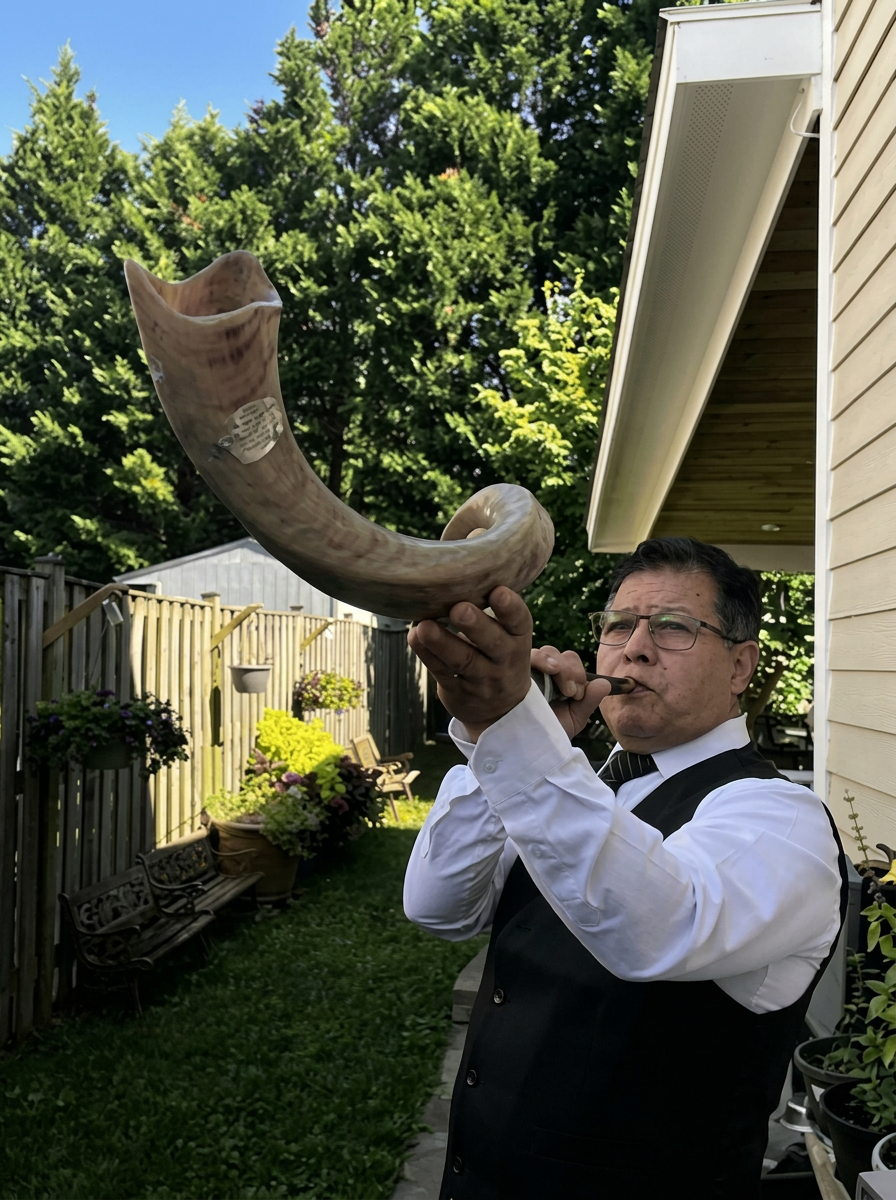 Salmista Carlos Montoya tocando el shofar